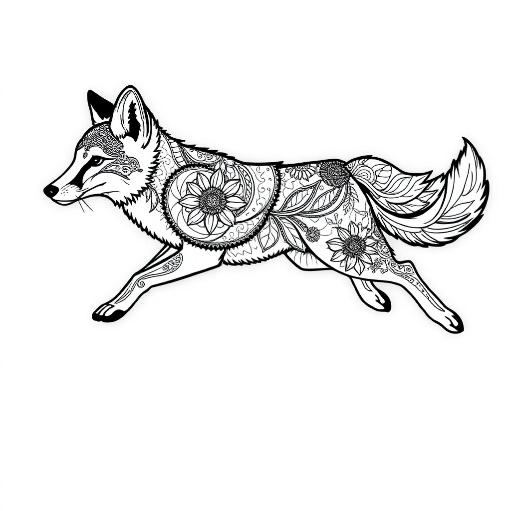 Foxes a fox with a bushy tail leaping mid air — detailed foxes coloring page (ages 9+ & adults)