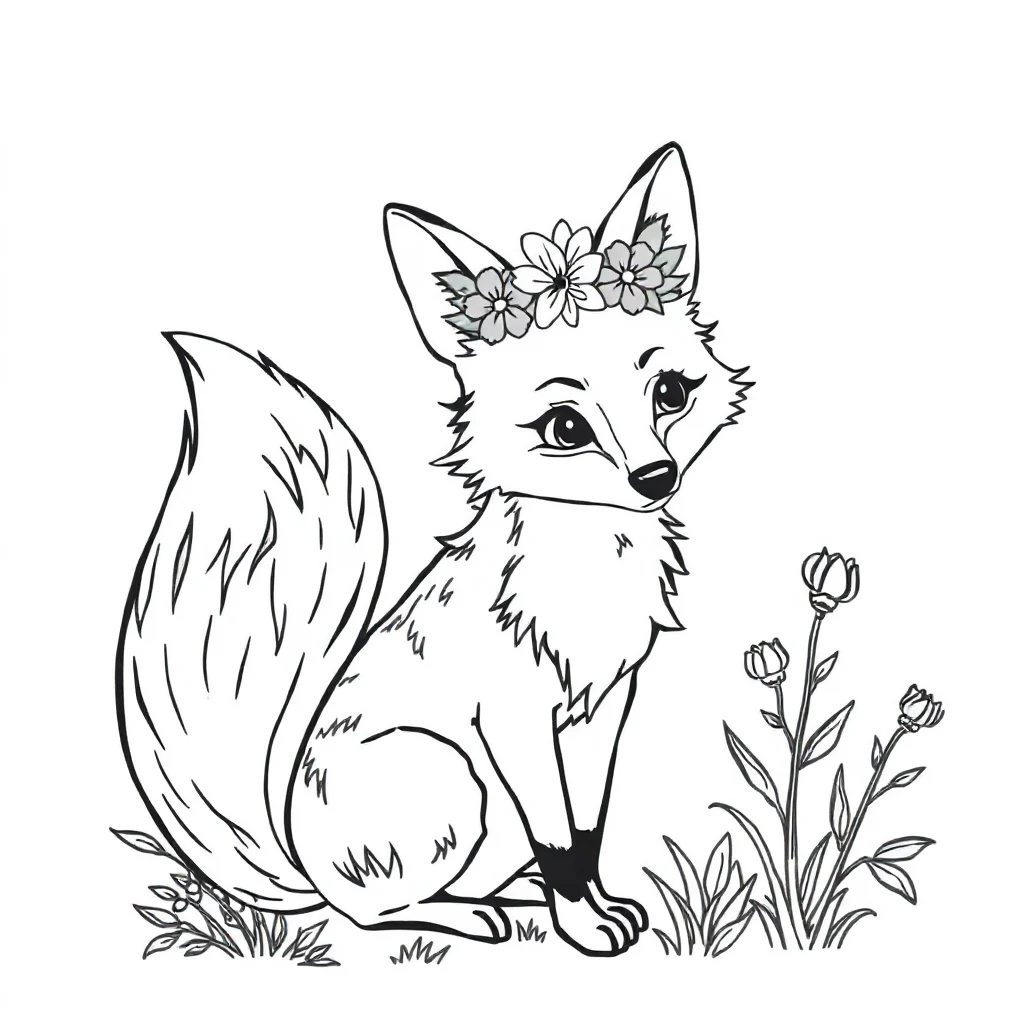 Foxes a fox with a bushy tail wearing a flower crown — classic foxes coloring page (ages 5–10)