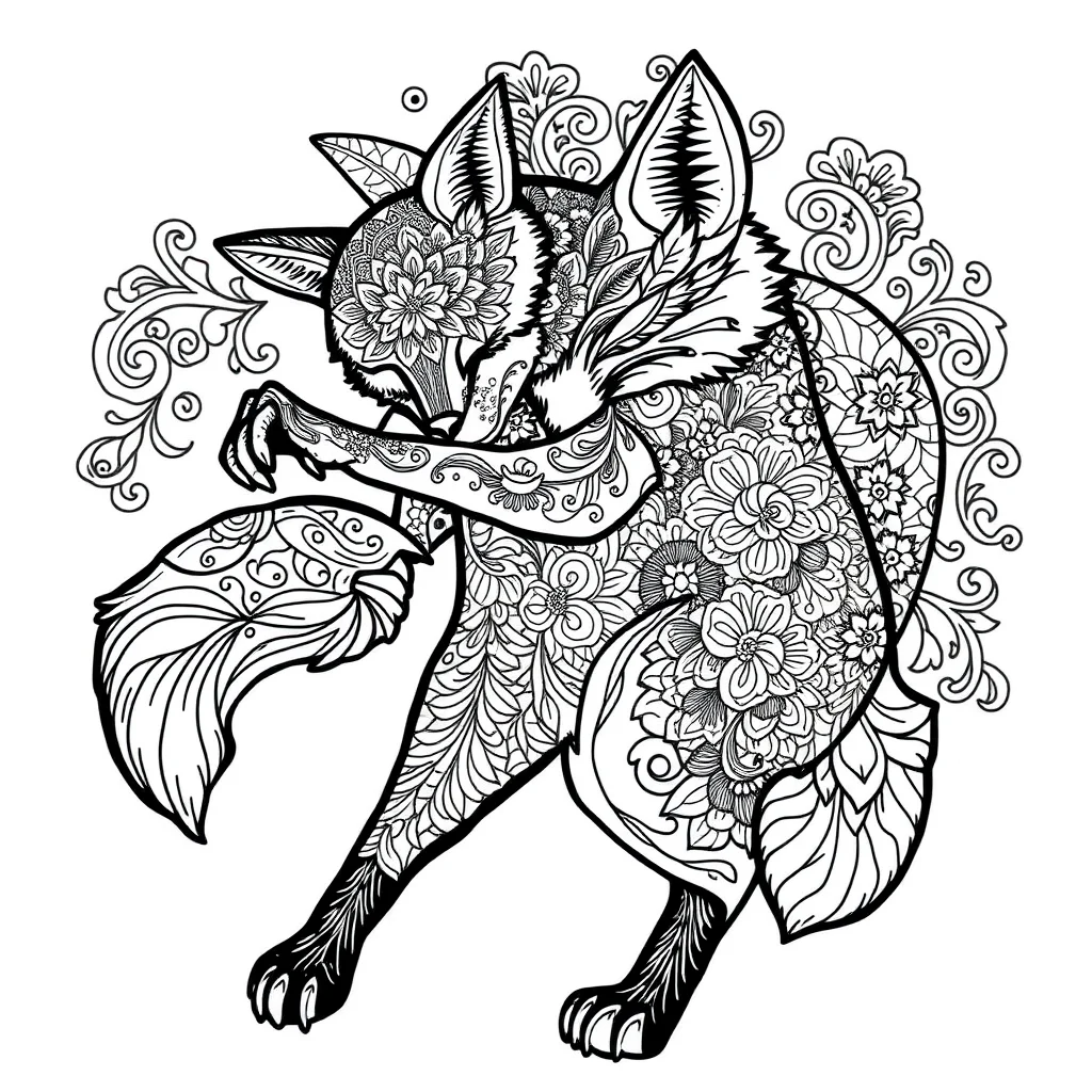 Foxes a sleeping fox dancing — detailed foxes coloring page (ages 9+ & adults)