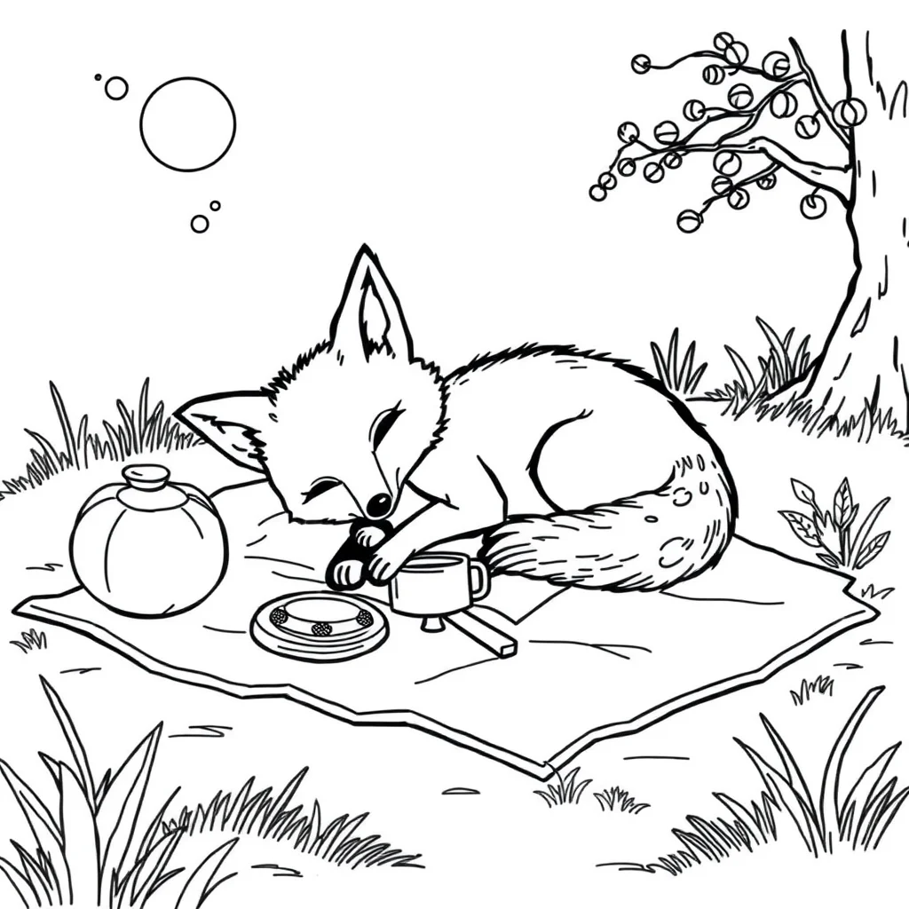 Foxes a sleeping fox having a picnic — classic foxes coloring page (ages 5–10)