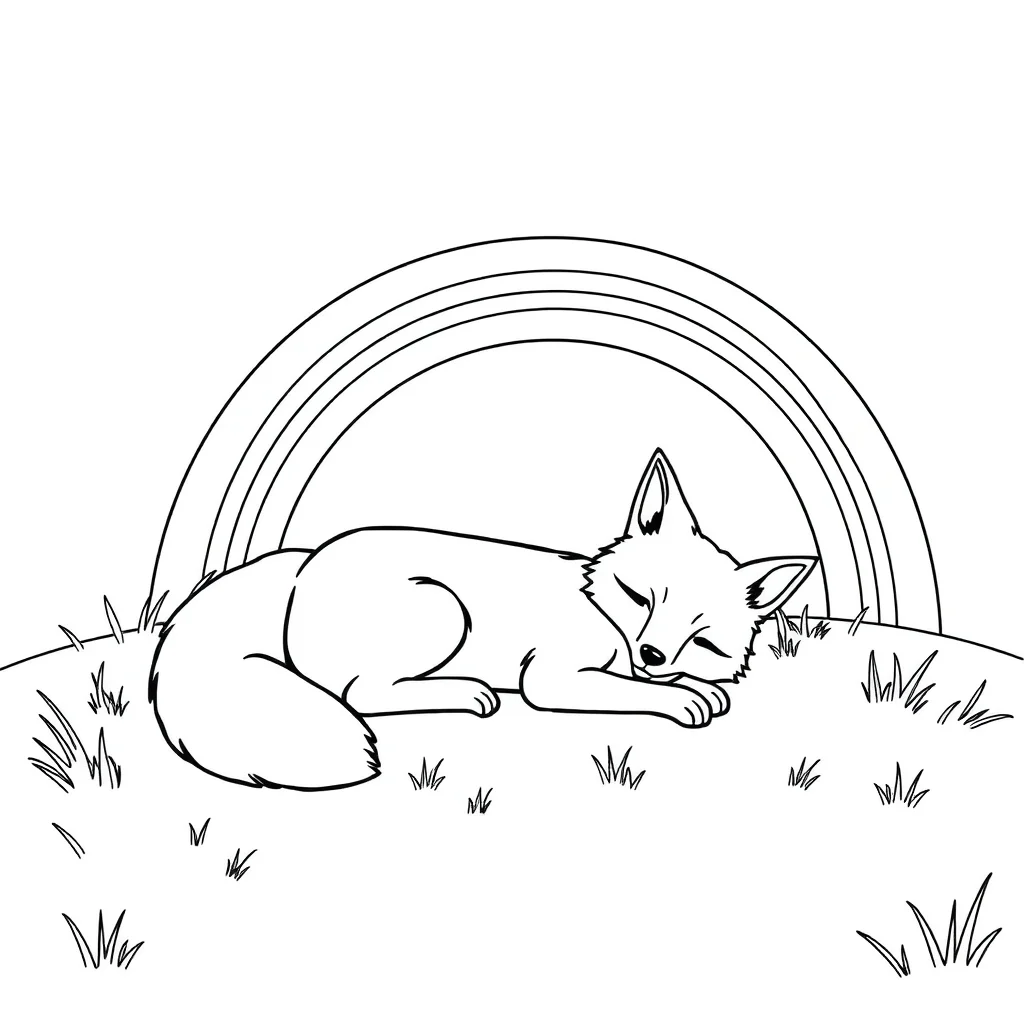 Foxes a sleeping fox under a rainbow — classic foxes coloring page (ages 5–10)