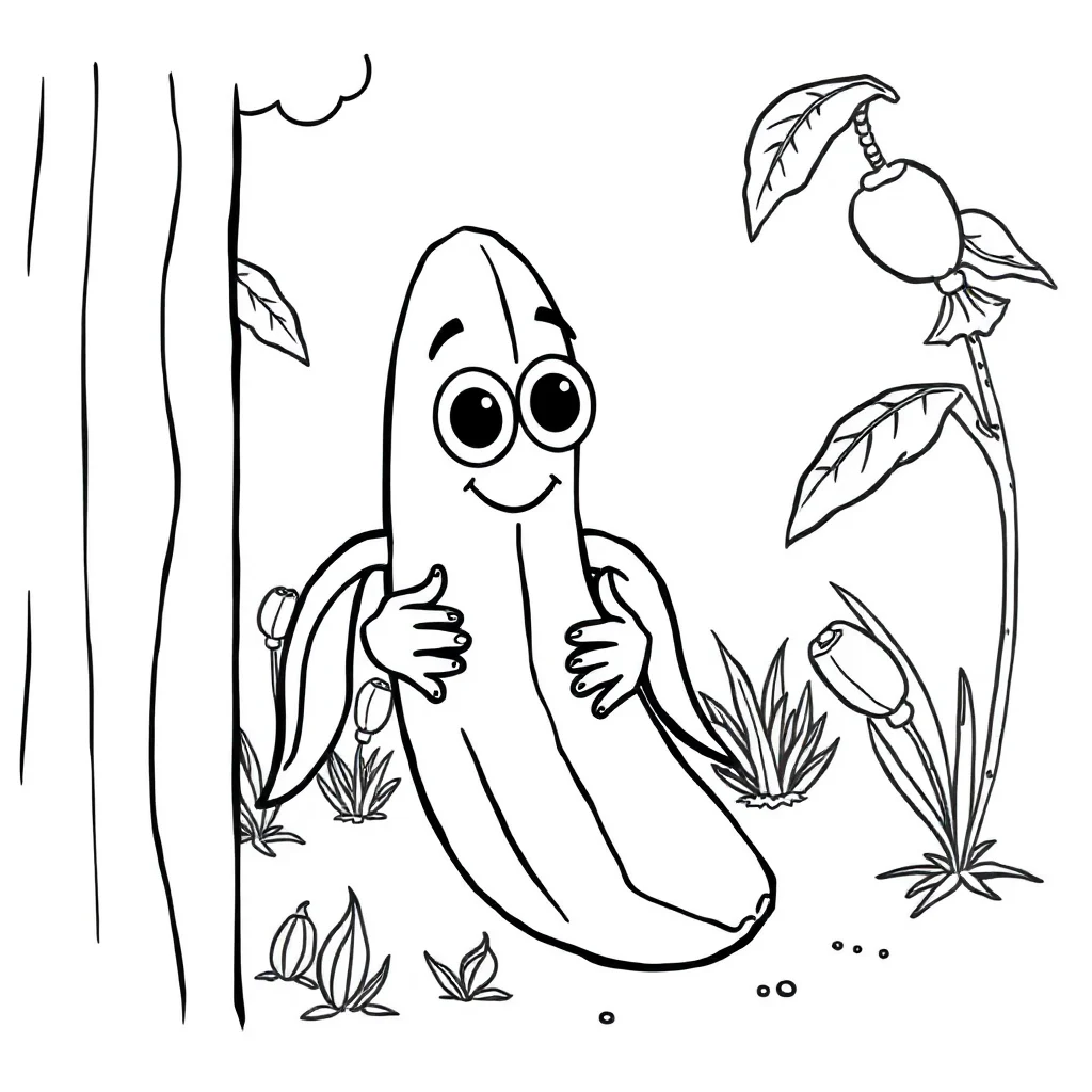 Fruits a banana peeking from behind something — classic fruits coloring page (ages 5–10)