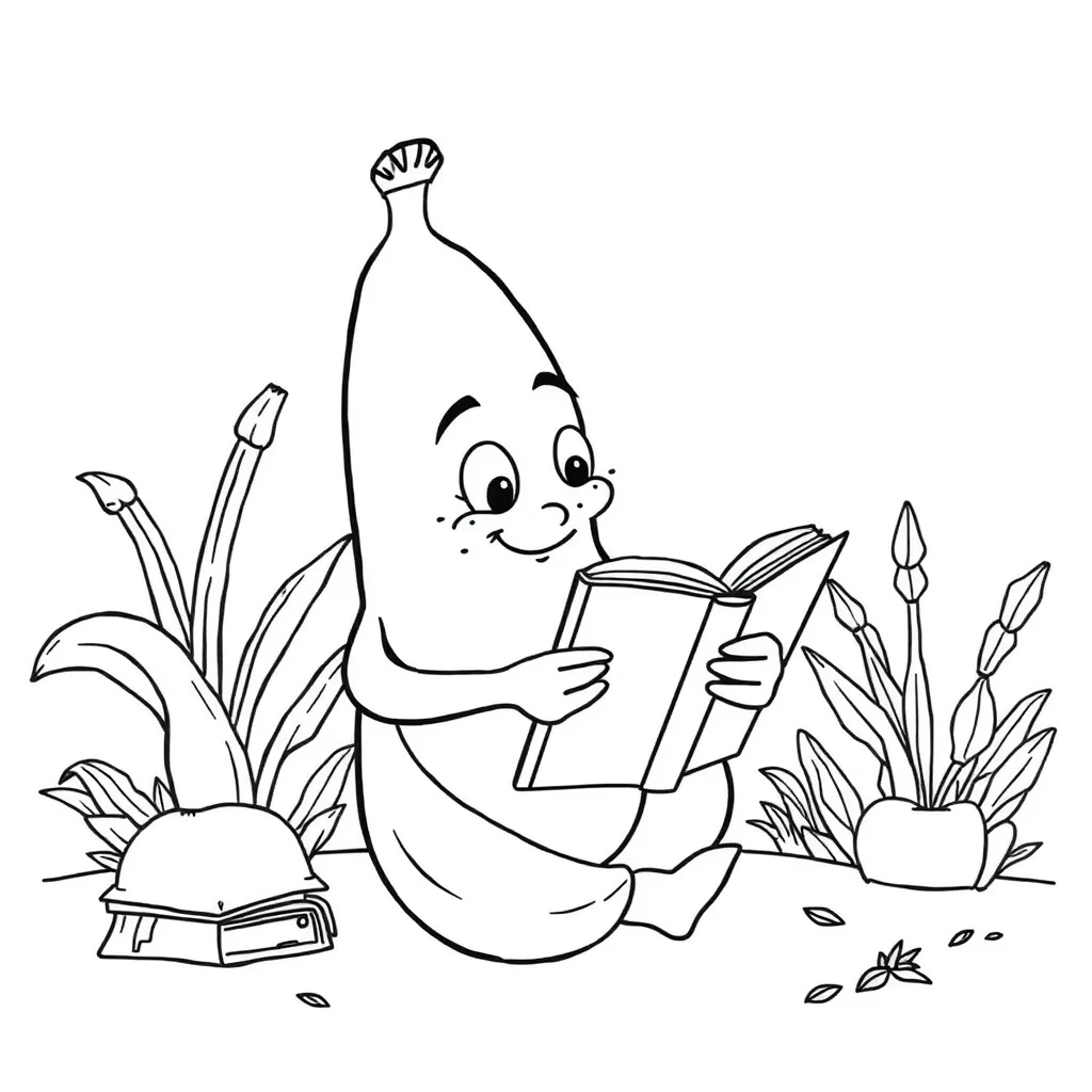 Fruits a banana reading a book — classic fruits coloring page (ages 5–10)