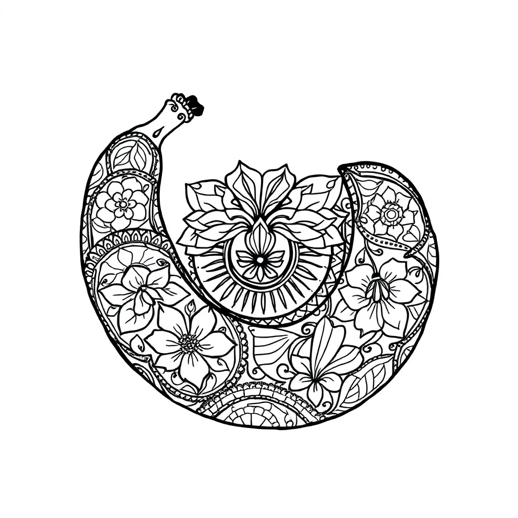 Fruits a banana sleeping curled up — detailed fruits coloring page (ages 9+ & adults)