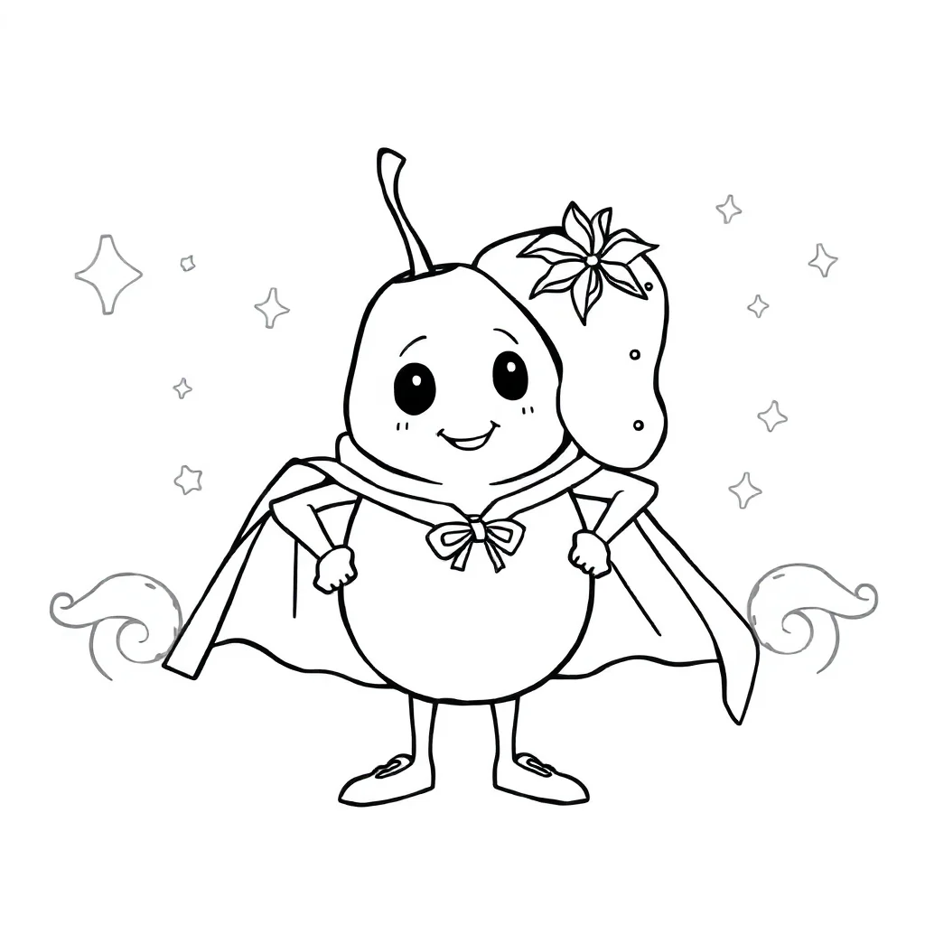 Fruits a bunch of fruit in a superhero cape — classic fruits coloring page (ages 5–10)
