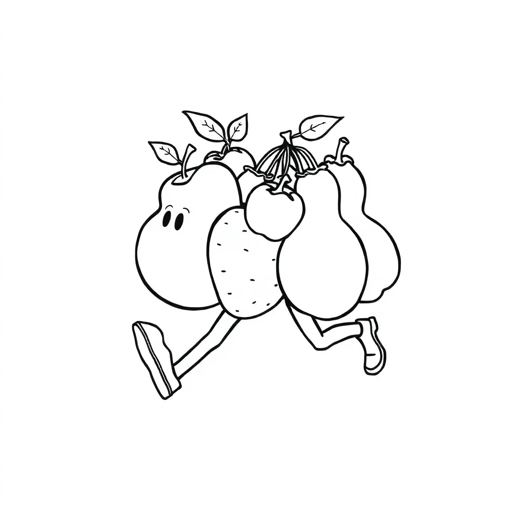Fruits a bunch of fruit running — easy fruits coloring page (ages 2–5)