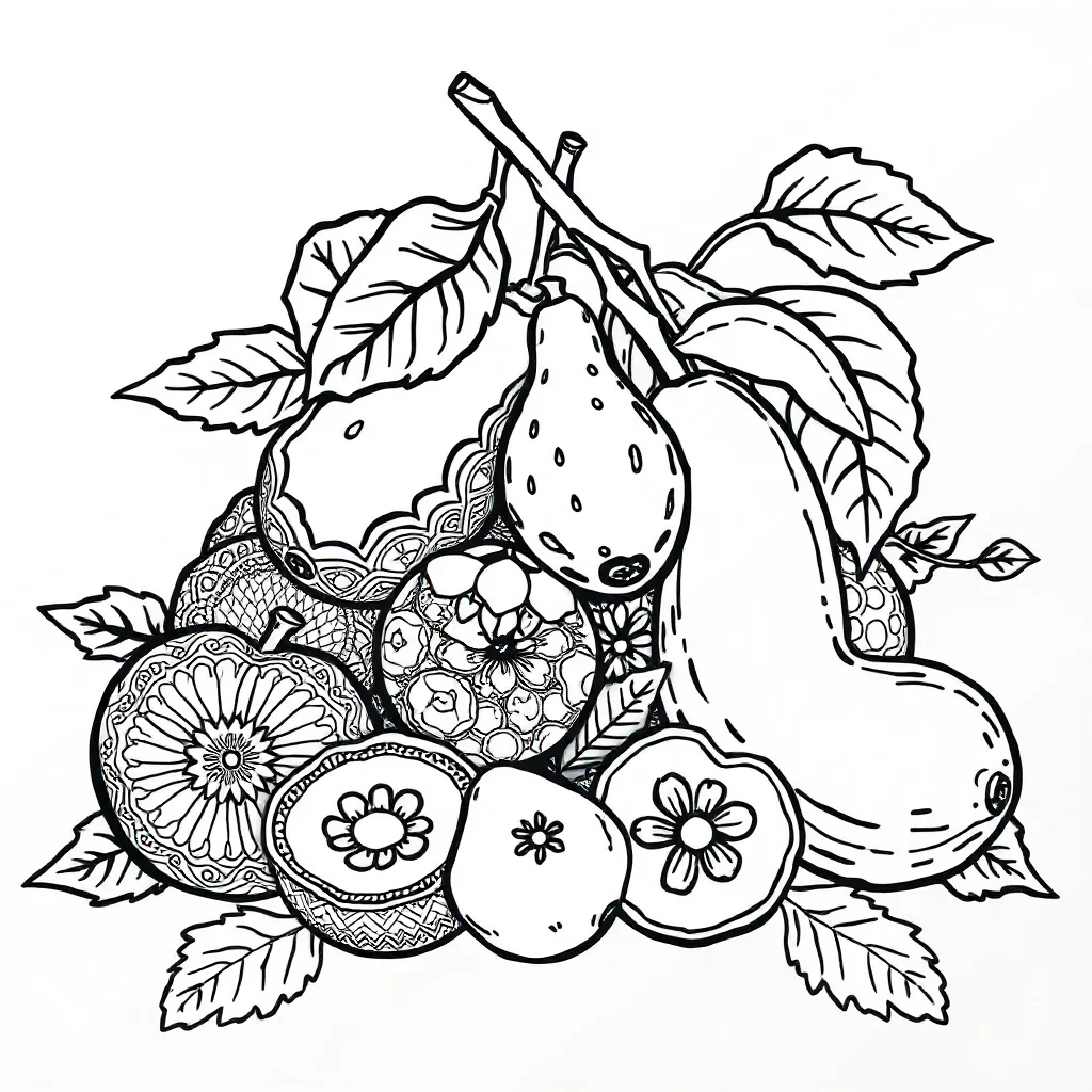 Fruits a bunch of fruit sitting — detailed fruits coloring page (ages 9+ & adults)