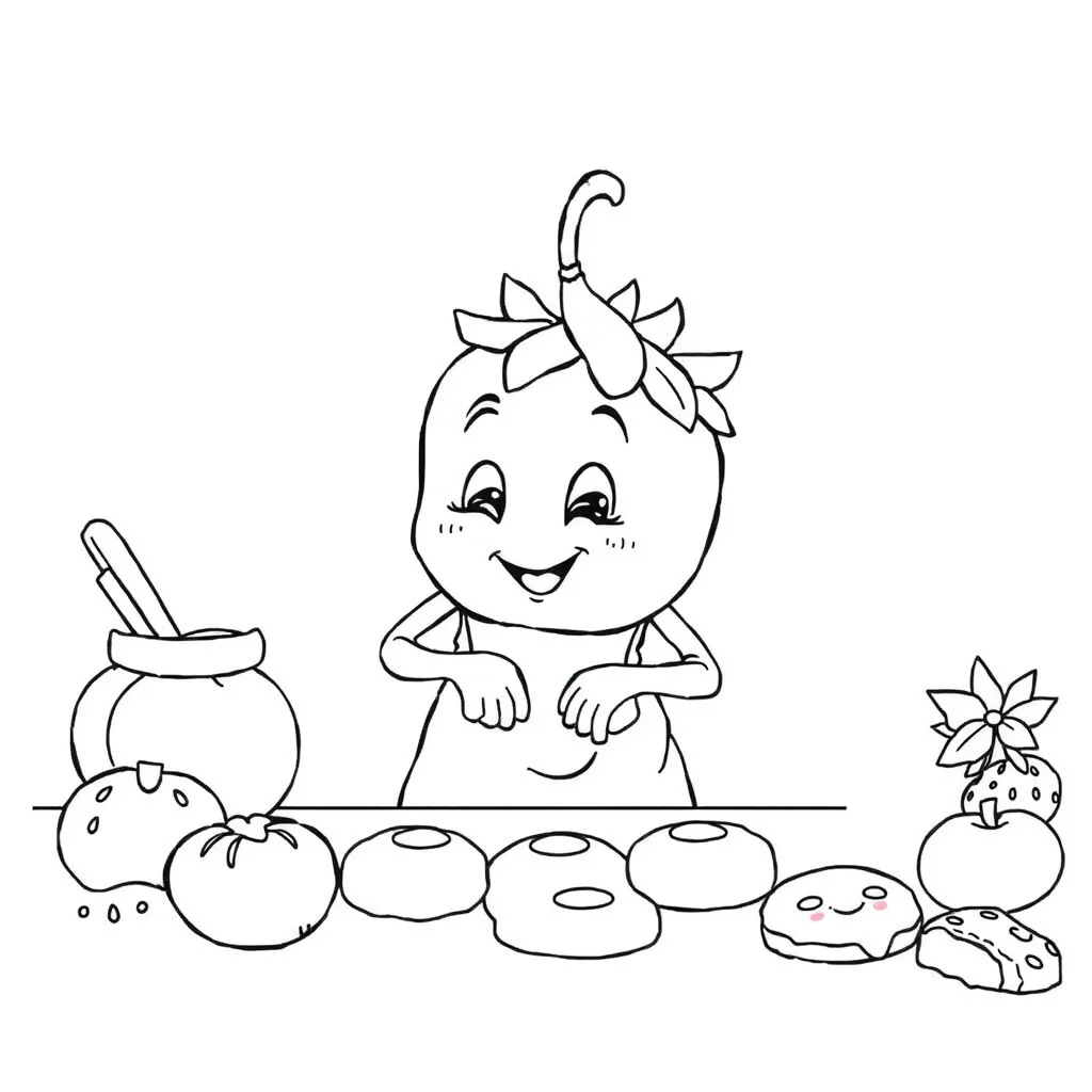 Fruits a strawberry baking cookies — classic fruits coloring page (ages 5–10)
