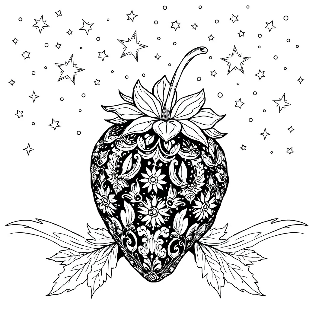 Fruits a strawberry under the night sky with stars — detailed fruits coloring page (ages 9+ & adults)