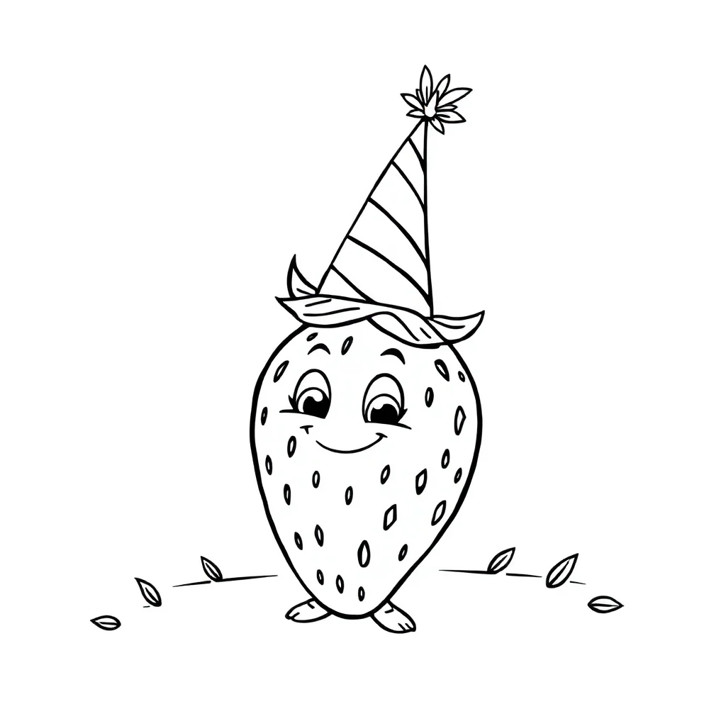 Fruits a strawberry wearing a party hat — classic fruits coloring page (ages 5–10)