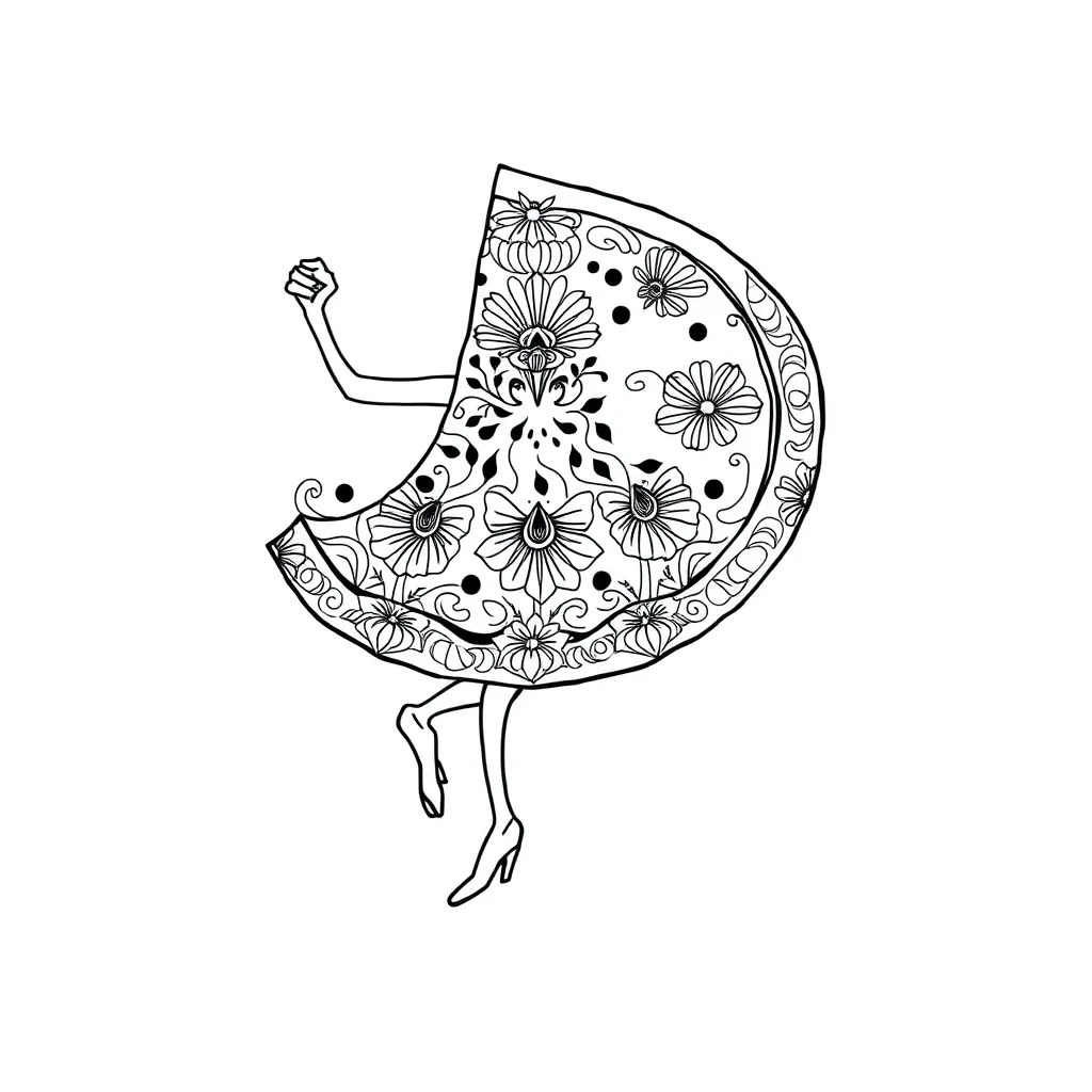 Fruits a watermelon slice dancing — detailed fruits coloring page (ages 9+ & adults)