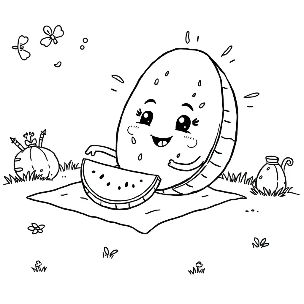 Fruits a watermelon slice having a picnic — classic fruits coloring page (ages 5–10)