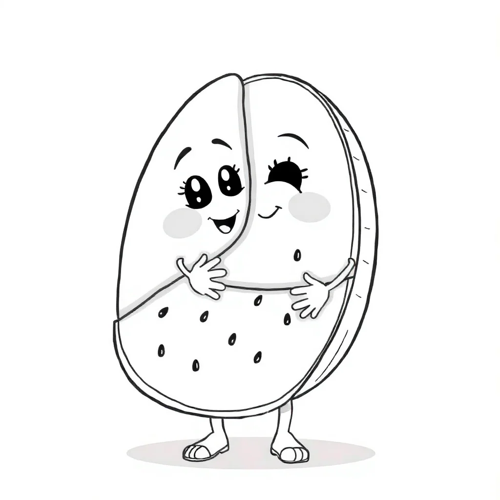 Fruits a watermelon slice hugging a friend — easy fruits coloring page (ages 2–5)