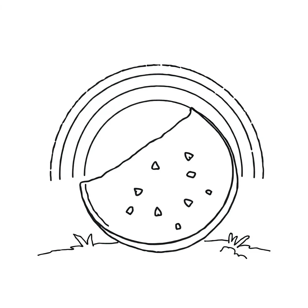 Fruits a watermelon slice under a rainbow — classic fruits coloring page (ages 5–10)