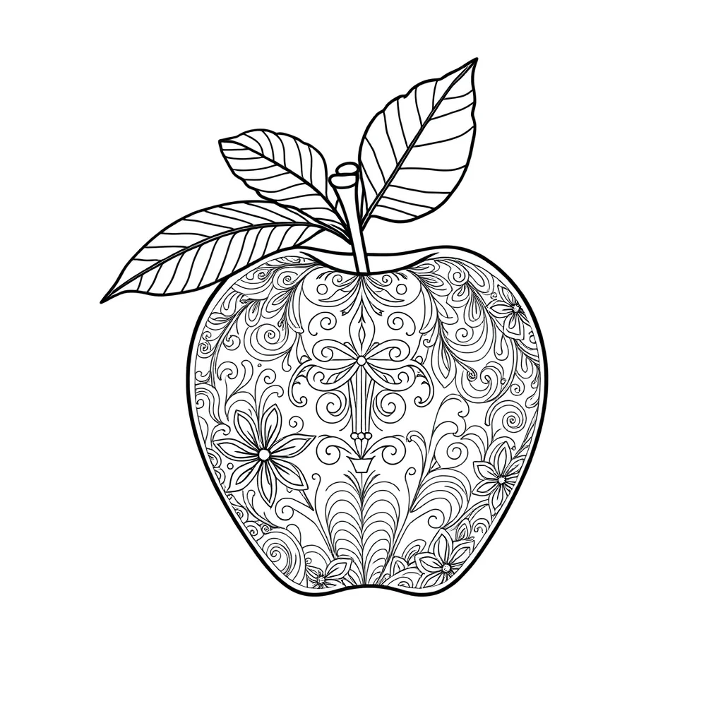 Fruits an apple with a leaf leaping mid air — detailed fruits coloring page (ages 9+ & adults)
