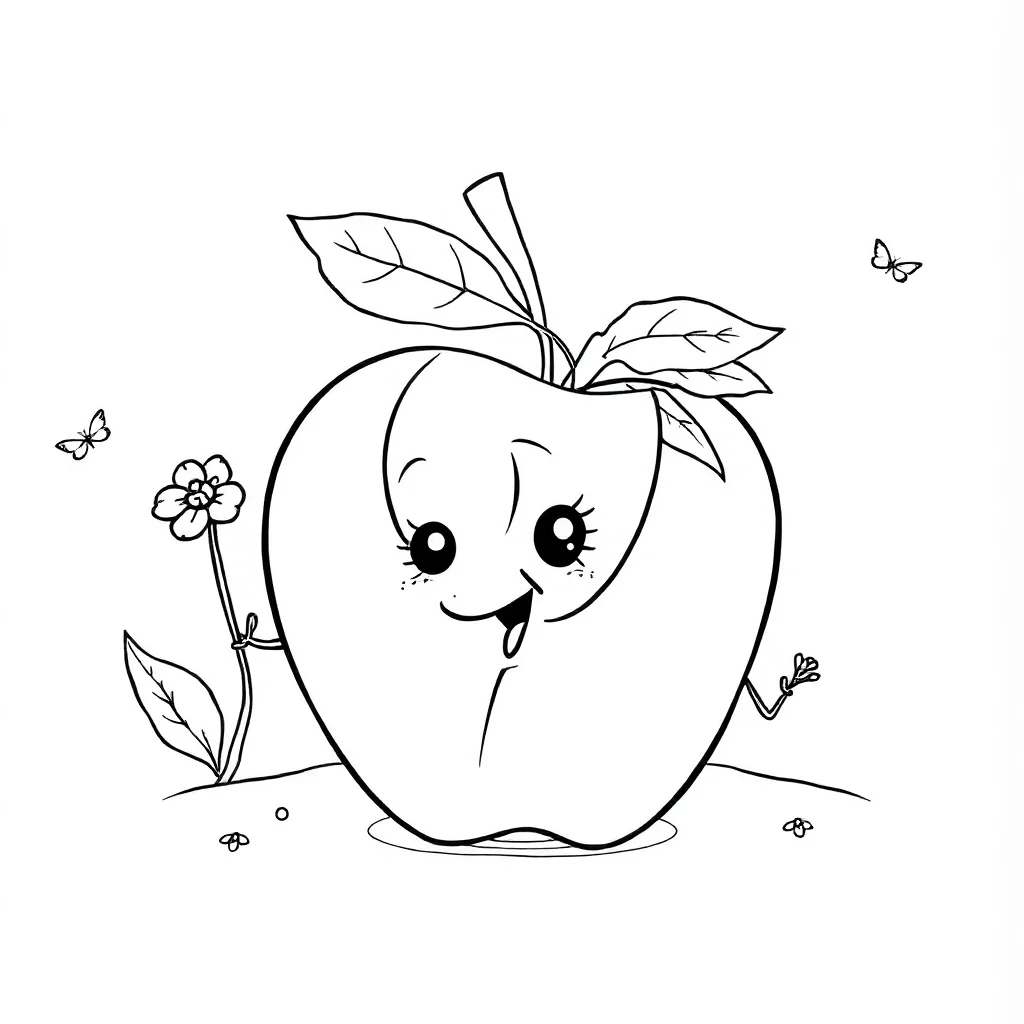 Fruits an apple with a leaf wearing a flower crown — classic fruits coloring page (ages 5–10)