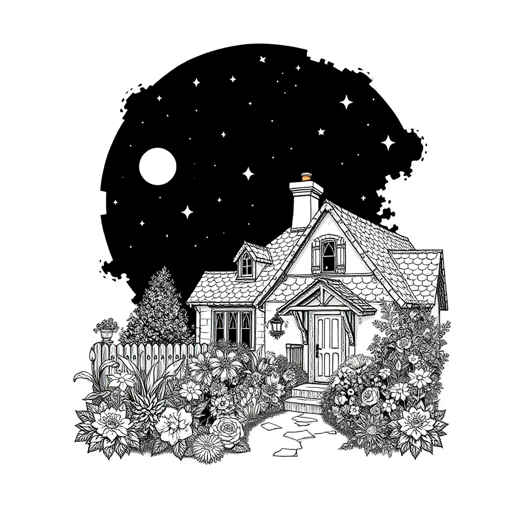 Gardens a cottage garden under the night sky with stars — detailed gardens coloring page (ages 9+ & adults)