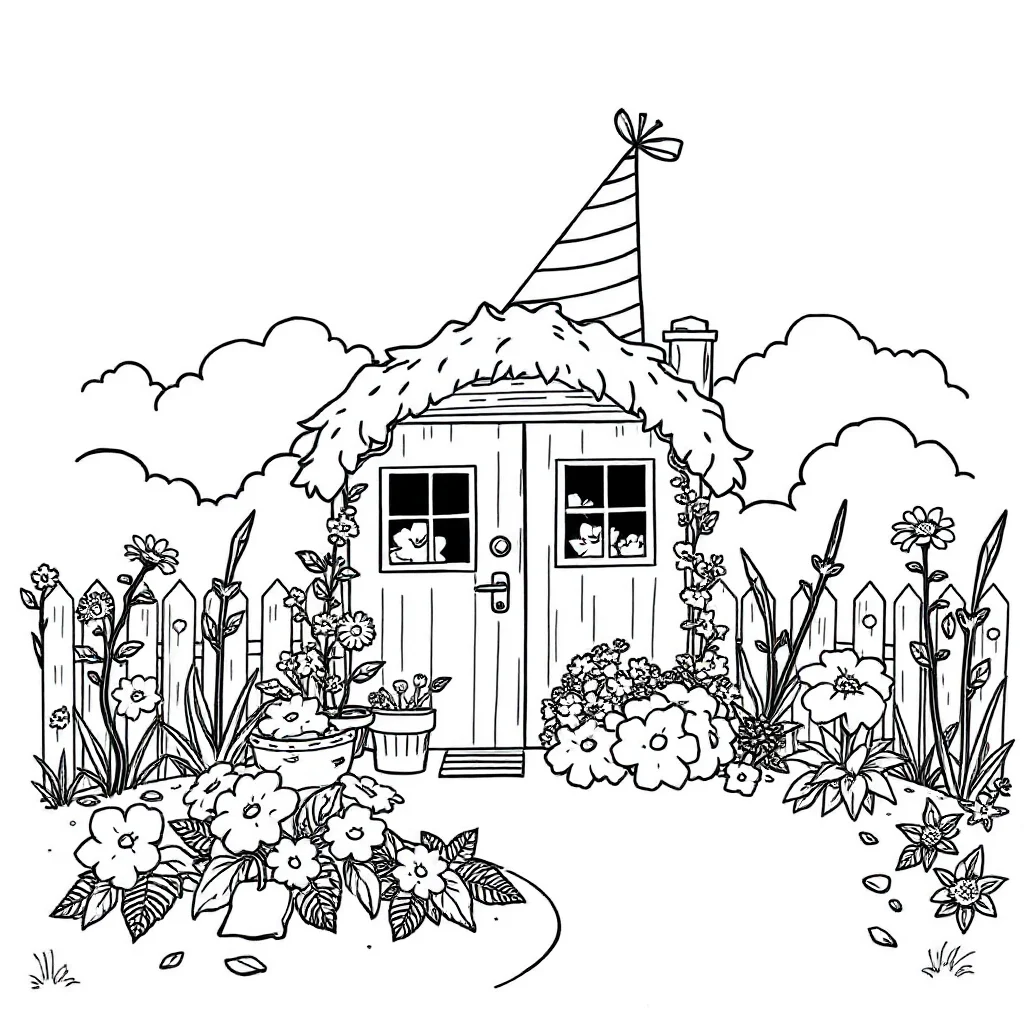 Gardens a cottage garden wearing a party hat — classic gardens coloring page (ages 5–10)