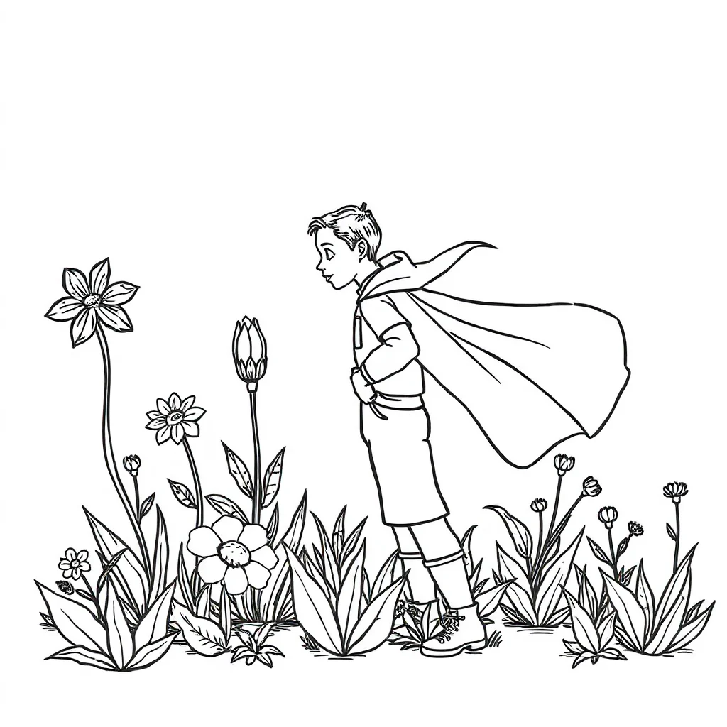 Gardens a flower garden in a superhero cape — classic gardens coloring page (ages 5–10)