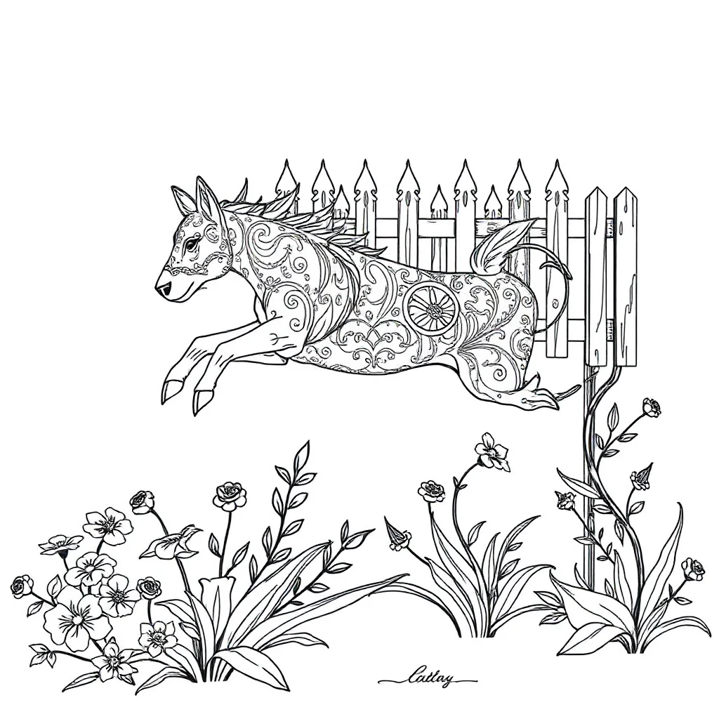 Gardens a garden with a fence leaping mid air — detailed gardens coloring page (ages 9+ & adults)
