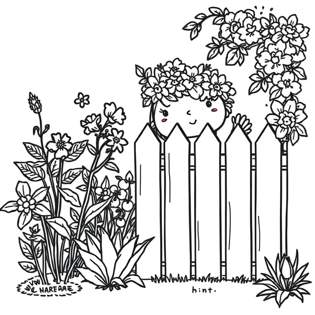 Gardens a garden with a fence wearing a flower crown — classic gardens coloring page (ages 5–10)