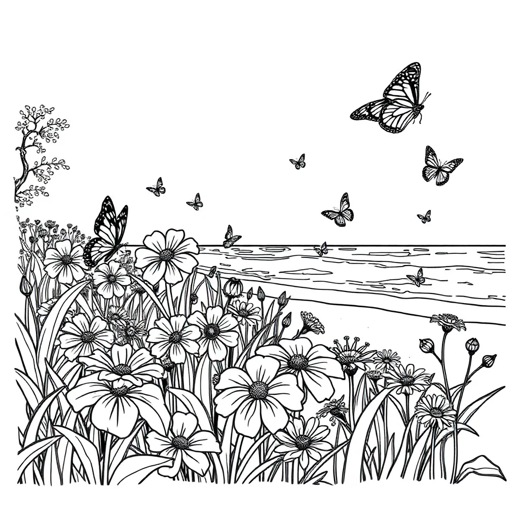 Gardens a garden with butterflies on the beach — classic gardens coloring page (ages 5–10)