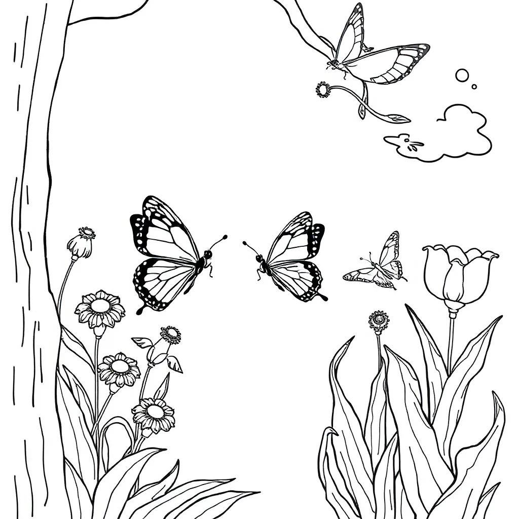 Gardens a garden with butterflies peeking from behind something — classic gardens coloring page (ages 5–10)