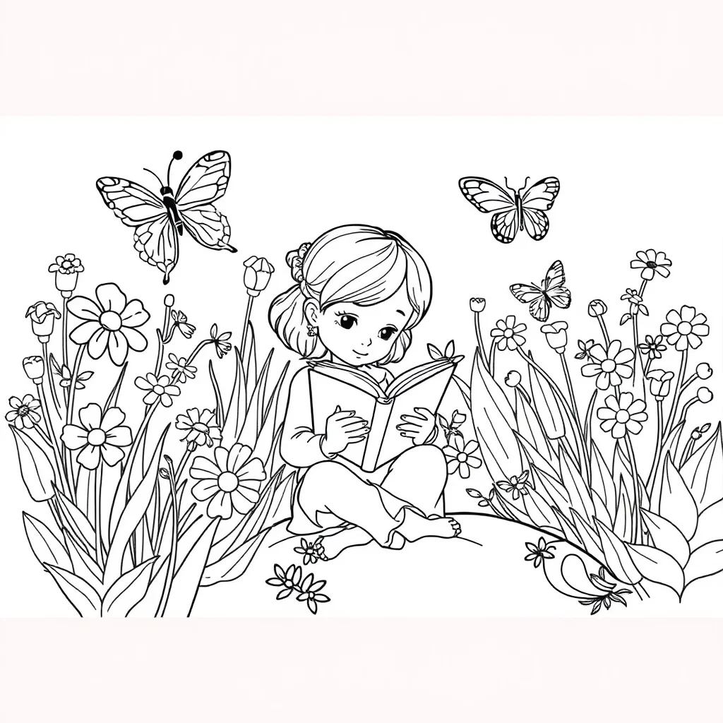 Gardens a garden with butterflies reading a book — classic gardens coloring page (ages 5–10)