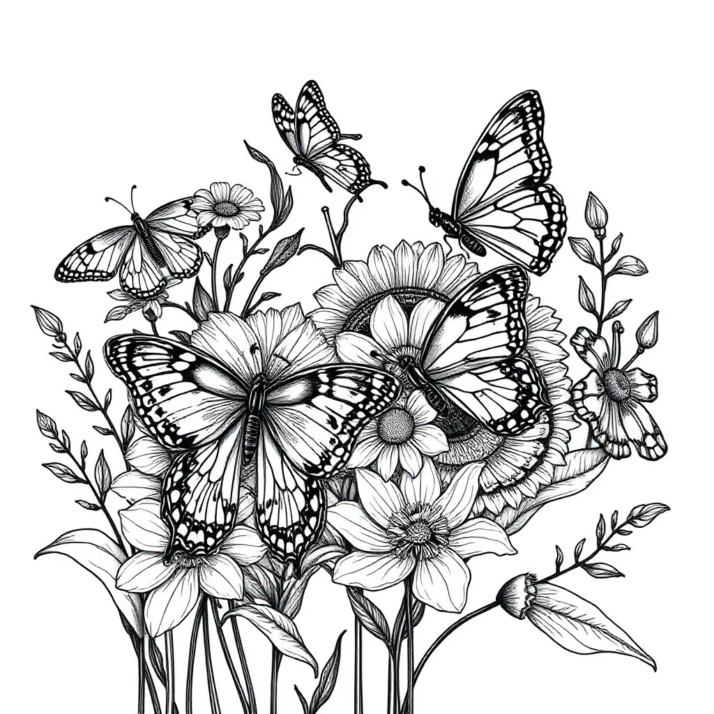 Gardens a garden with butterflies sleeping curled up — detailed gardens coloring page (ages 9+ & adults)