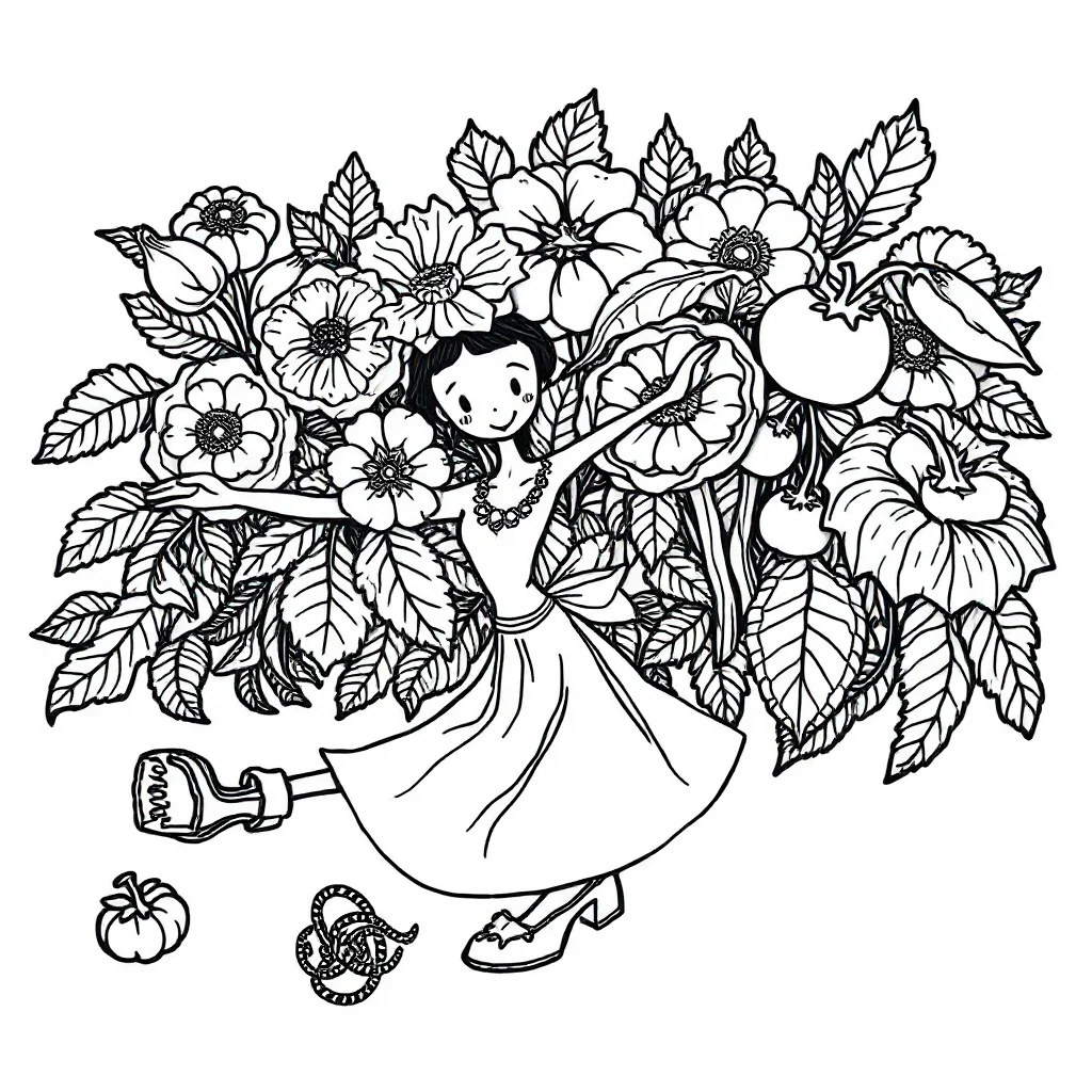 Gardens a vegetable garden dancing — detailed gardens coloring page (ages 9+ & adults)