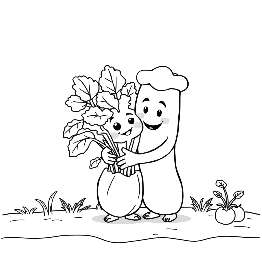 Gardens a vegetable garden hugging a friend — easy gardens coloring page (ages 2–5)