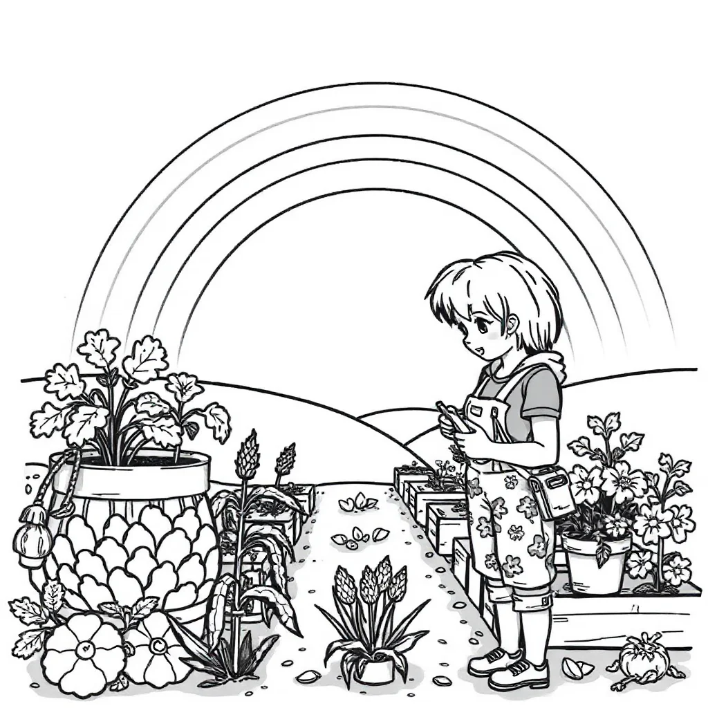 Gardens a vegetable garden under a rainbow — classic gardens coloring page (ages 5–10)