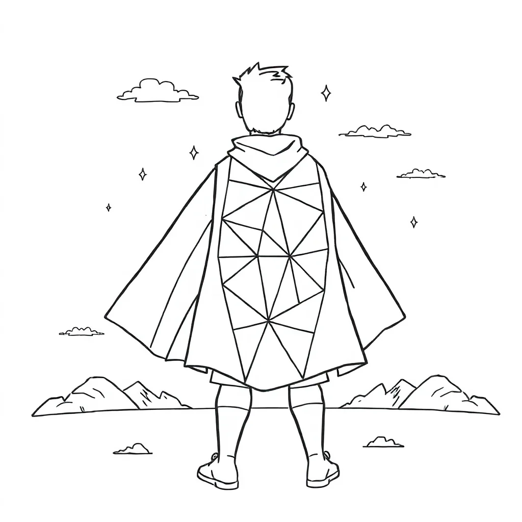 Geometric a geometric pattern in a superhero cape — classic geometric patterns coloring page (ages 5–10)