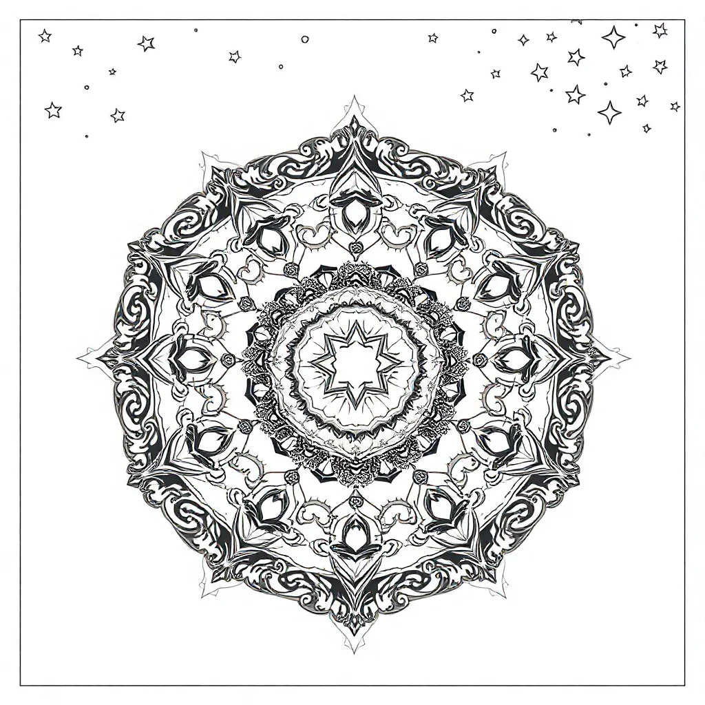 Geometric a hexagon pattern under the night sky with stars — detailed geometric patterns coloring page (ages 9+ & adults)