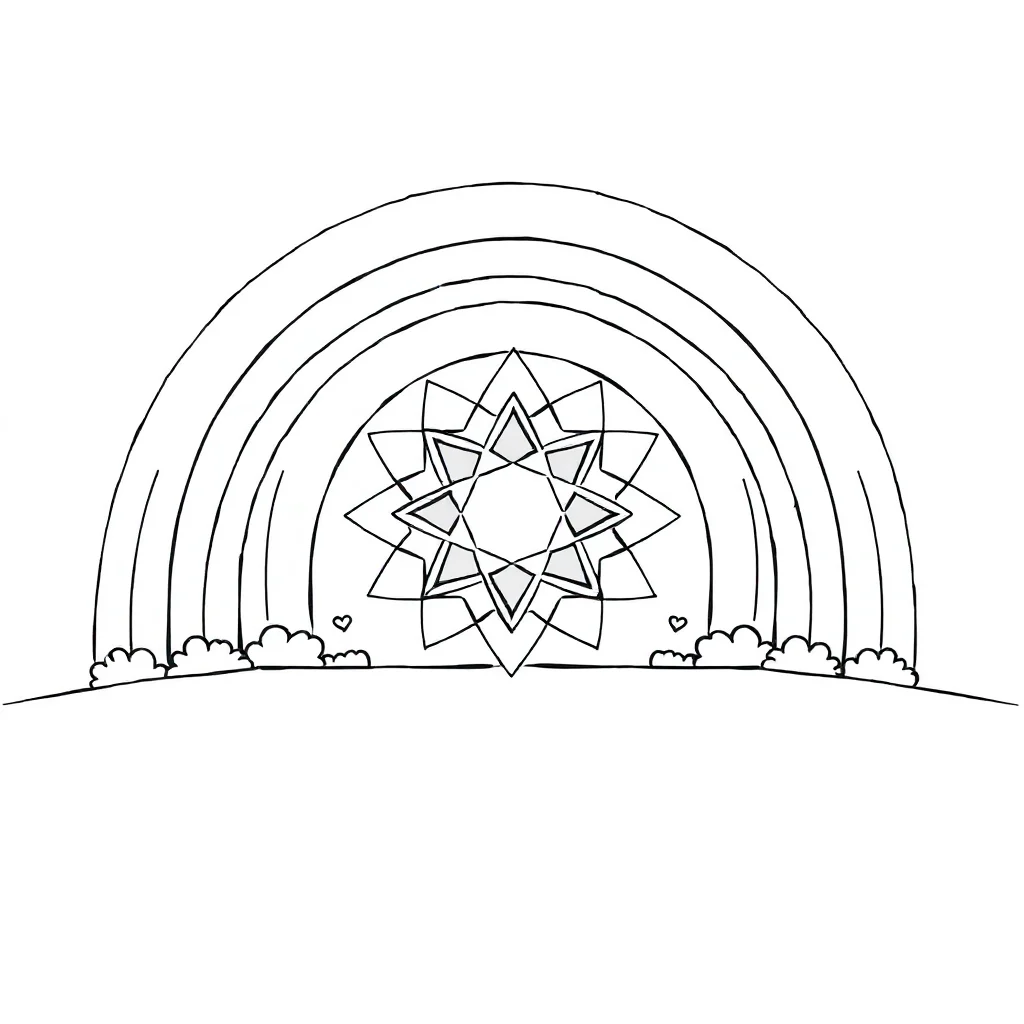 Geometric a symmetrical geometric design under a rainbow — classic geometric patterns coloring page (ages 5–10)