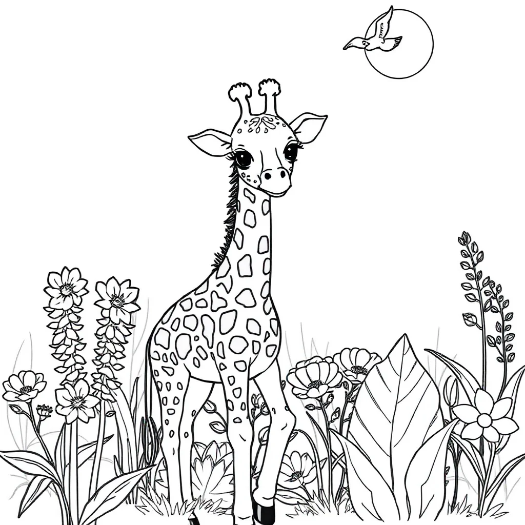 Giraffes a baby giraffe in a flower garden — classic giraffes coloring page (ages 5–10)