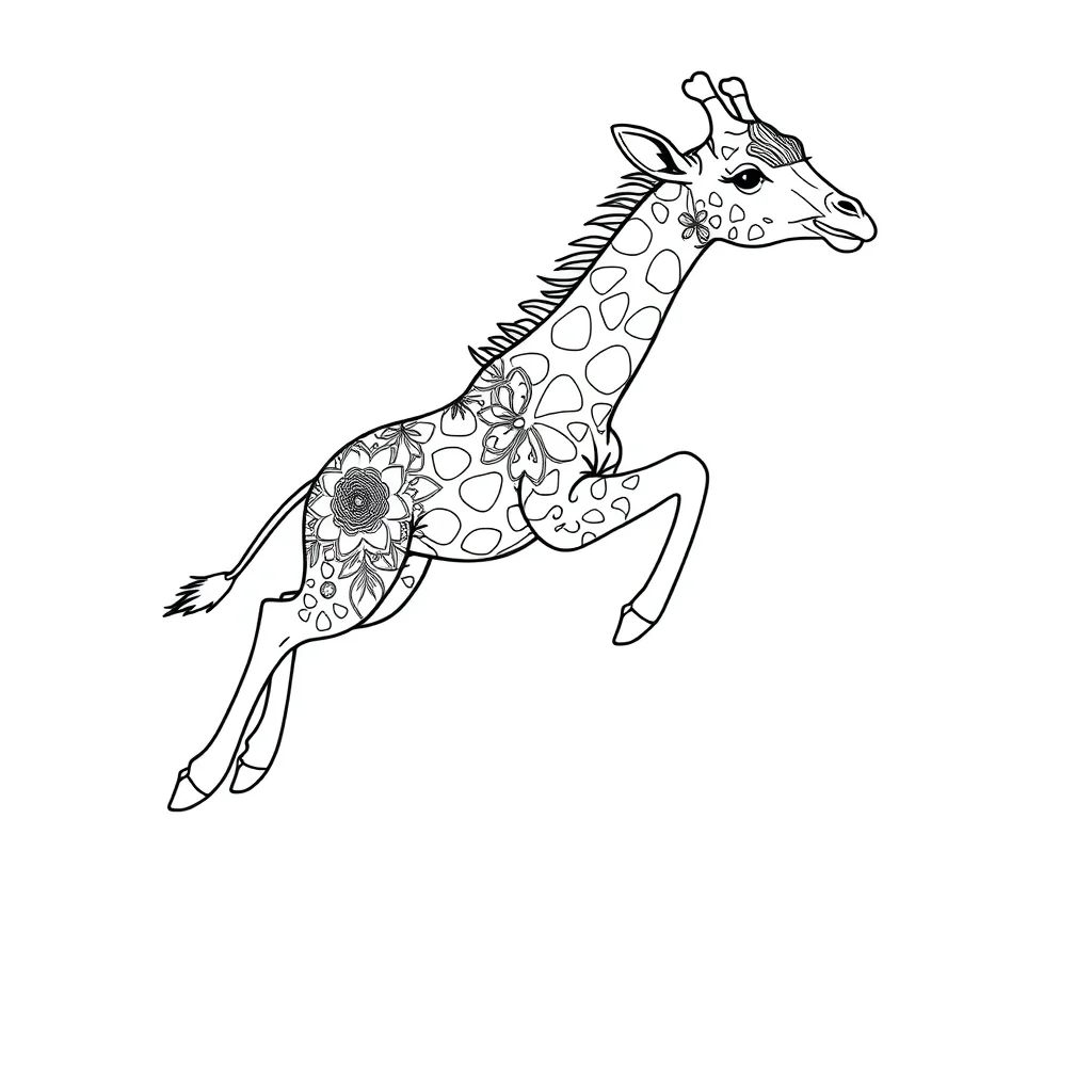 Giraffes a baby giraffe leaping mid air — detailed giraffes coloring page (ages 9+ & adults)
