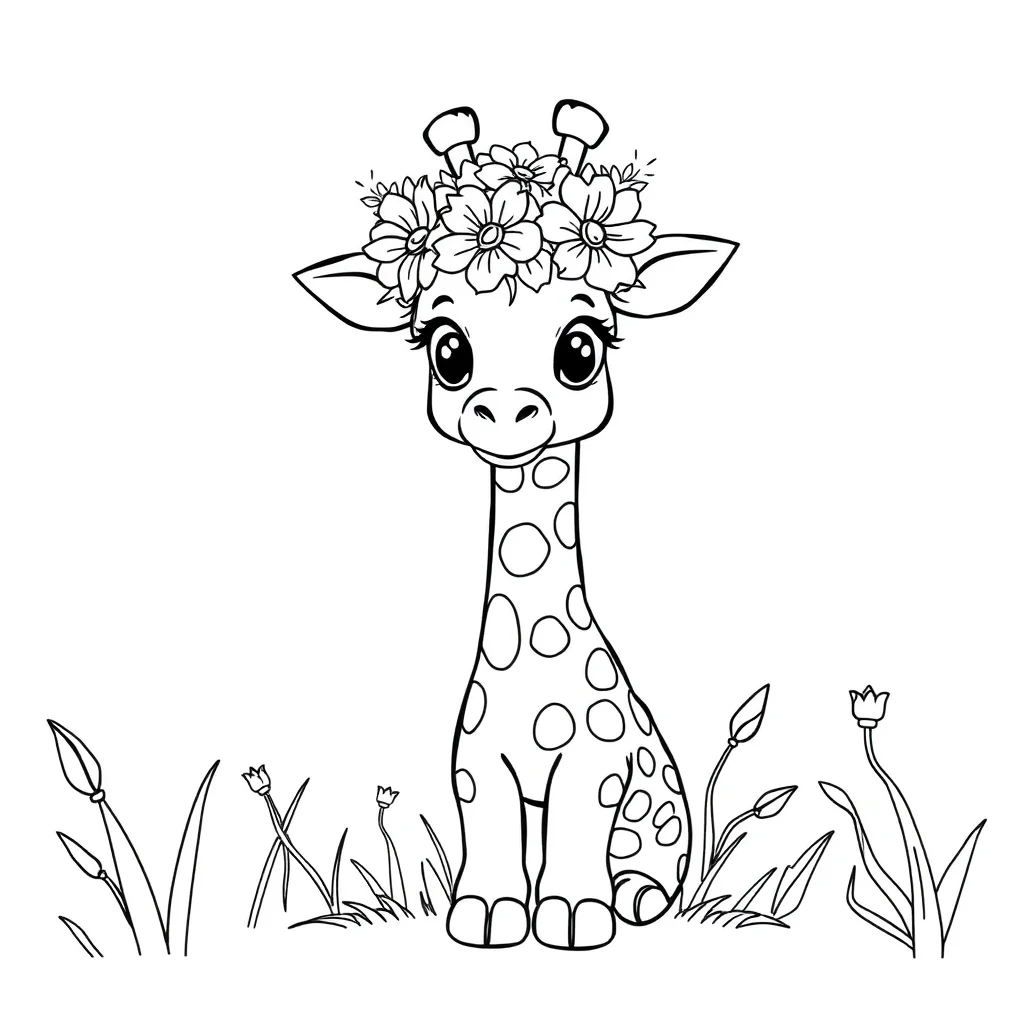 Giraffes a baby giraffe wearing a flower crown — classic giraffes coloring page (ages 5–10)