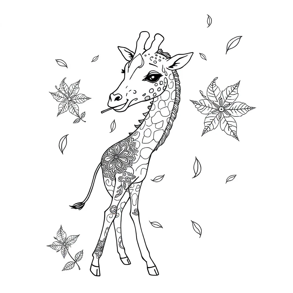 Giraffes a giraffe eating leaves dancing — detailed giraffes coloring page (ages 9+ & adults)