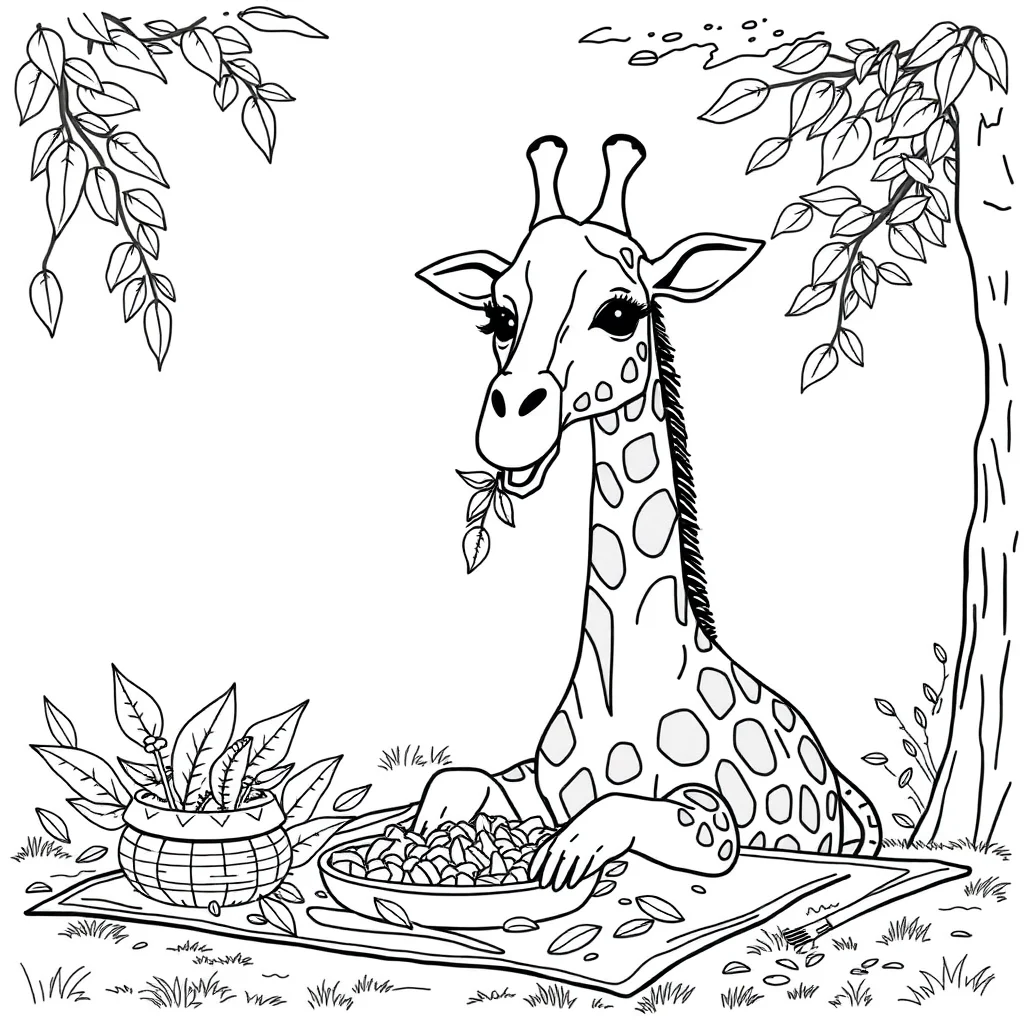 Giraffes a giraffe eating leaves having a picnic — classic giraffes coloring page (ages 5–10)