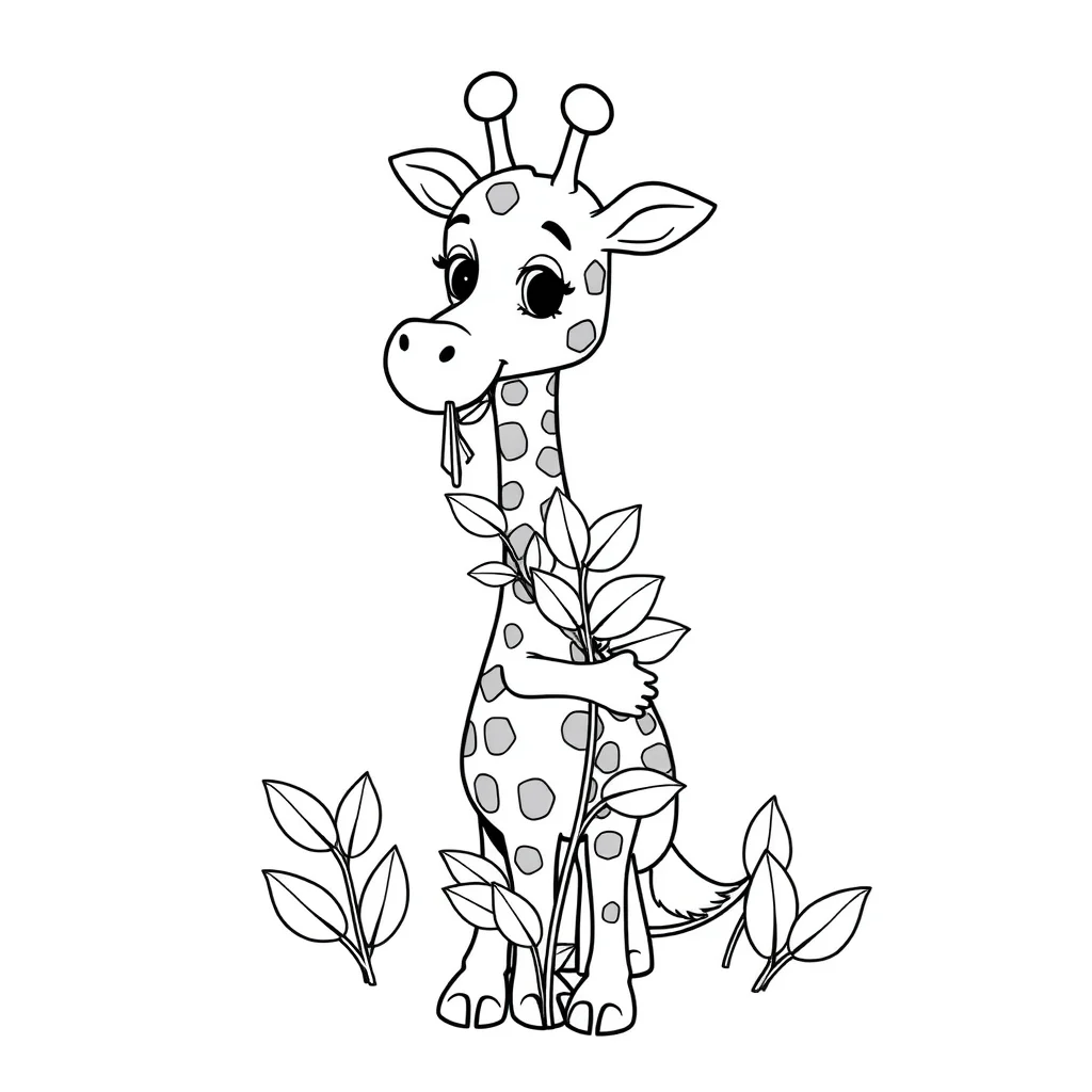 Giraffes a giraffe eating leaves hugging a friend — easy giraffes coloring page (ages 2–5)