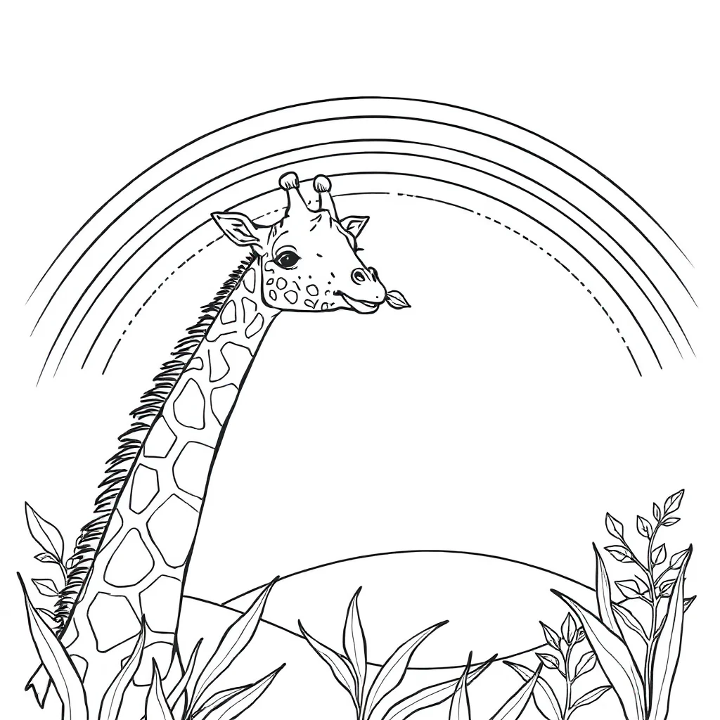 Giraffes a giraffe eating leaves under a rainbow — classic giraffes coloring page (ages 5–10)