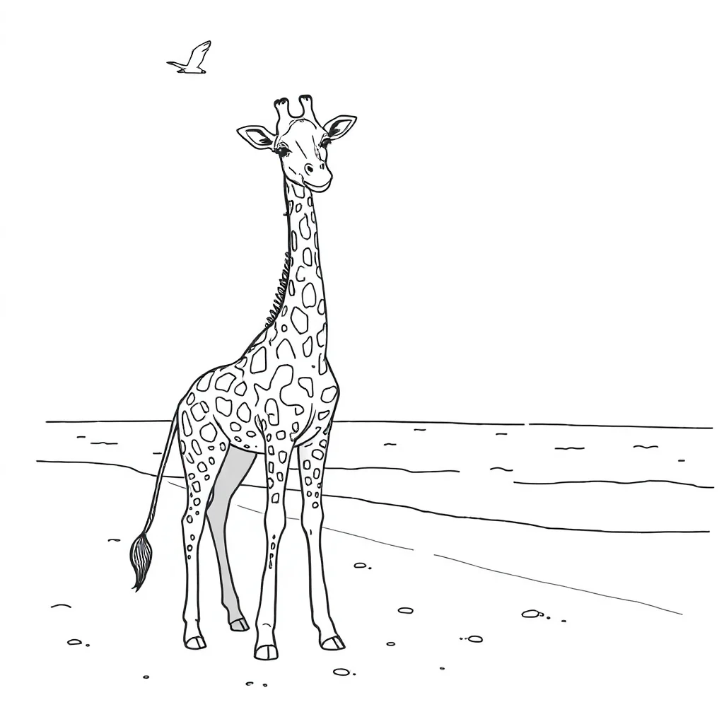 Giraffes a giraffe with spots on the beach — classic giraffes coloring page (ages 5–10)