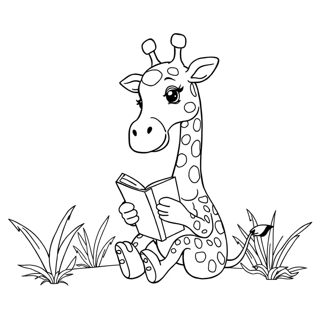 Giraffes a giraffe with spots reading a book — classic giraffes coloring page (ages 5–10)