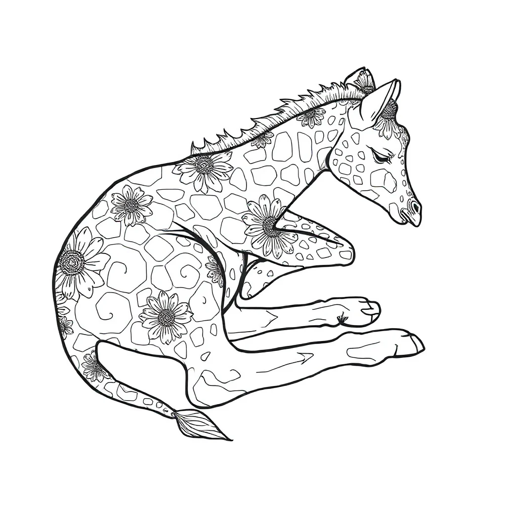Giraffes a giraffe with spots sleeping curled up — detailed giraffes coloring page (ages 9+ & adults)