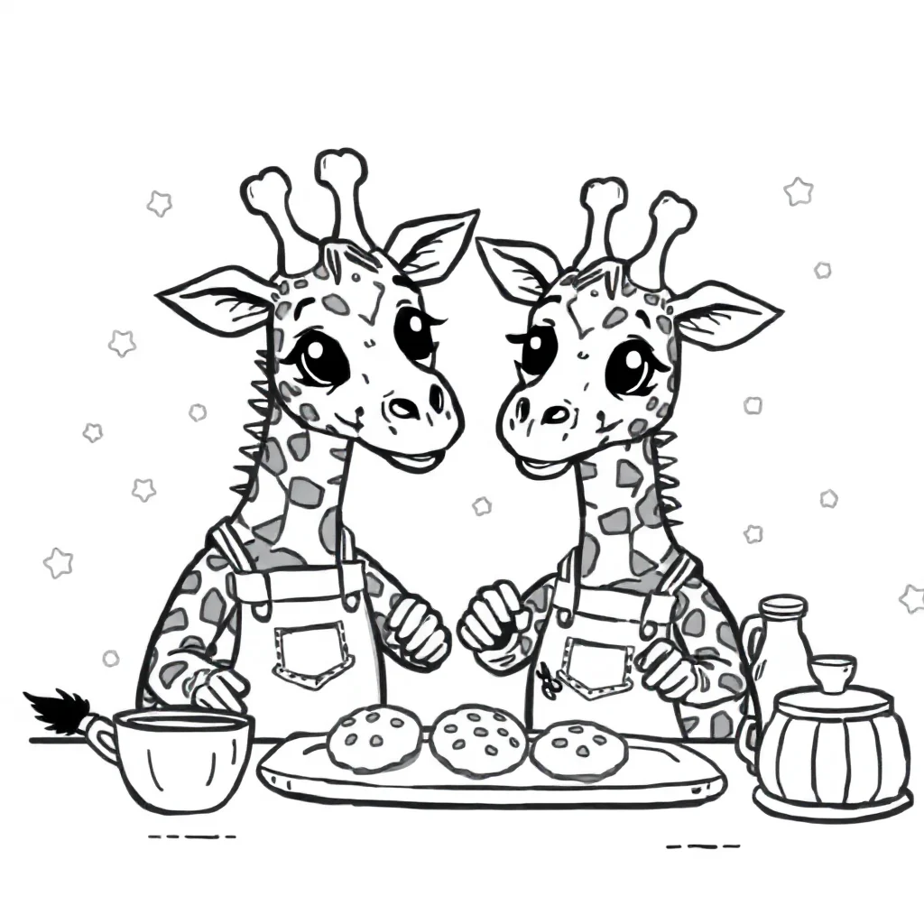 Giraffes two giraffes baking cookies — classic giraffes coloring page (ages 5–10)