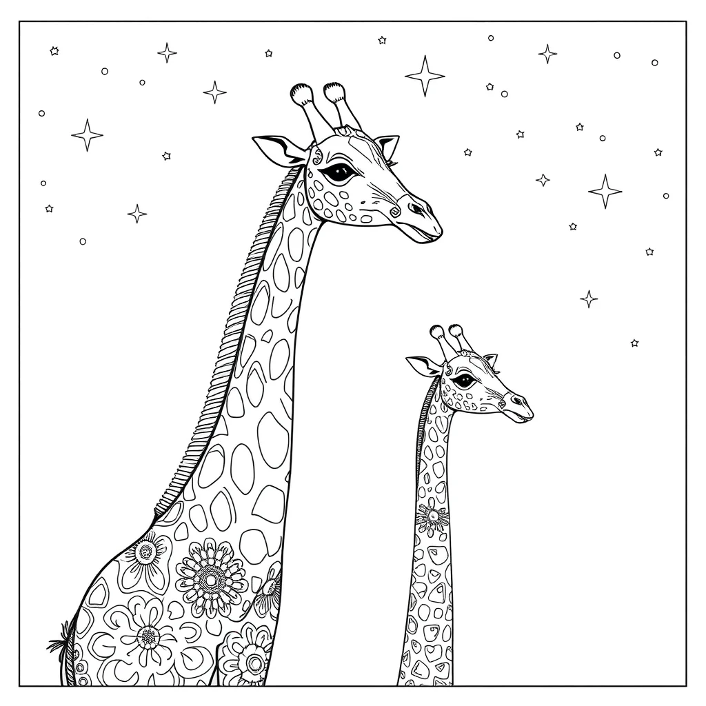 Giraffes two giraffes under the night sky with stars — detailed giraffes coloring page (ages 9+ & adults)