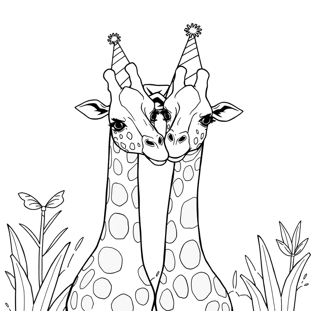 Giraffes two giraffes wearing a party hat — classic giraffes coloring page (ages 5–10)