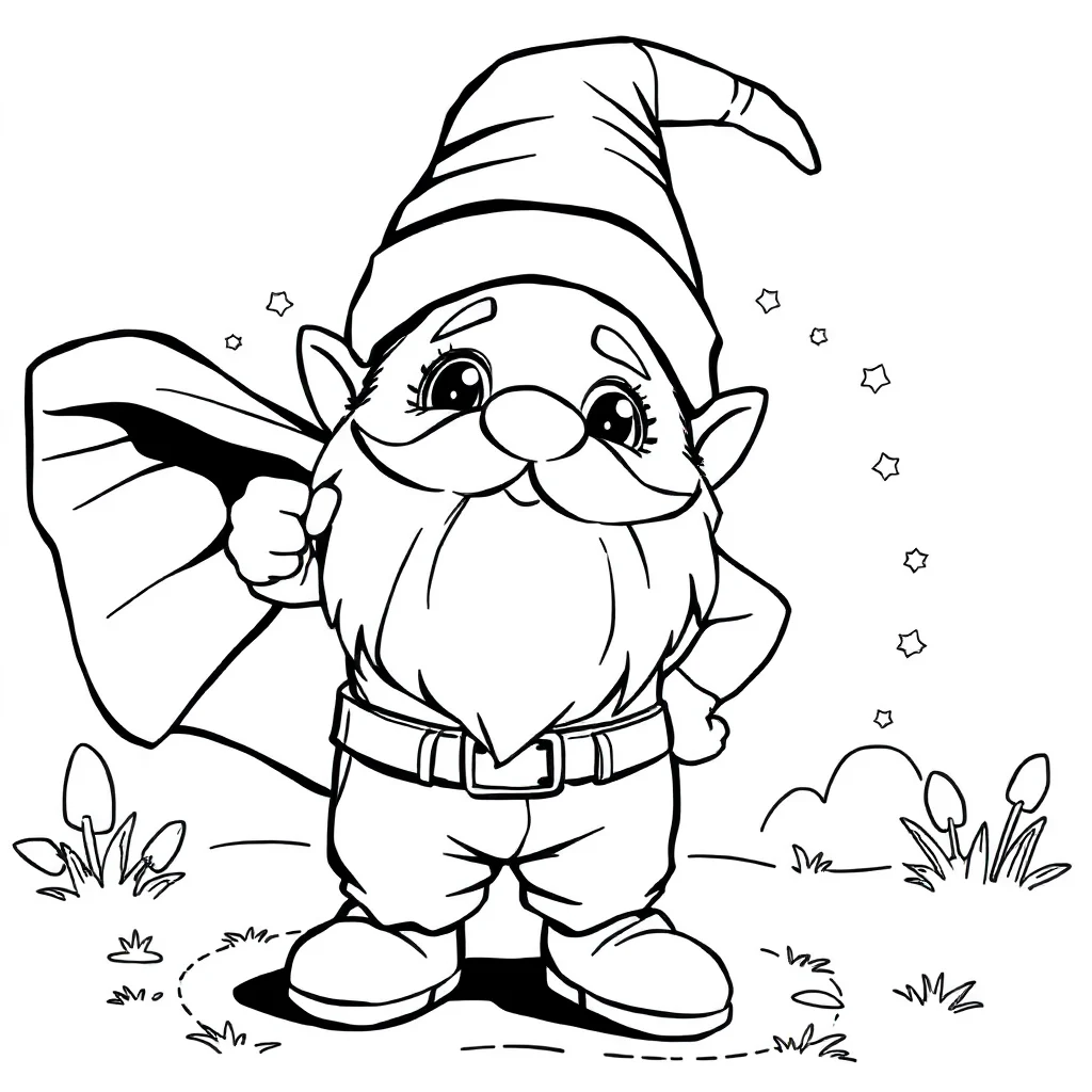 Gnomes a cute gnome in a superhero cape — classic gnomes coloring page (ages 5–10)