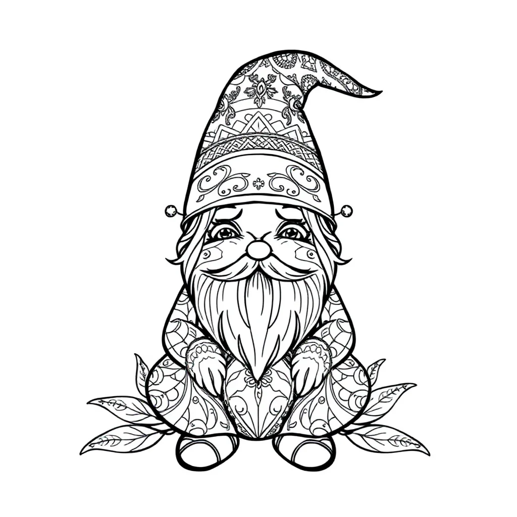 Gnomes a cute gnome sitting — detailed gnomes coloring page (ages 9+ & adults)